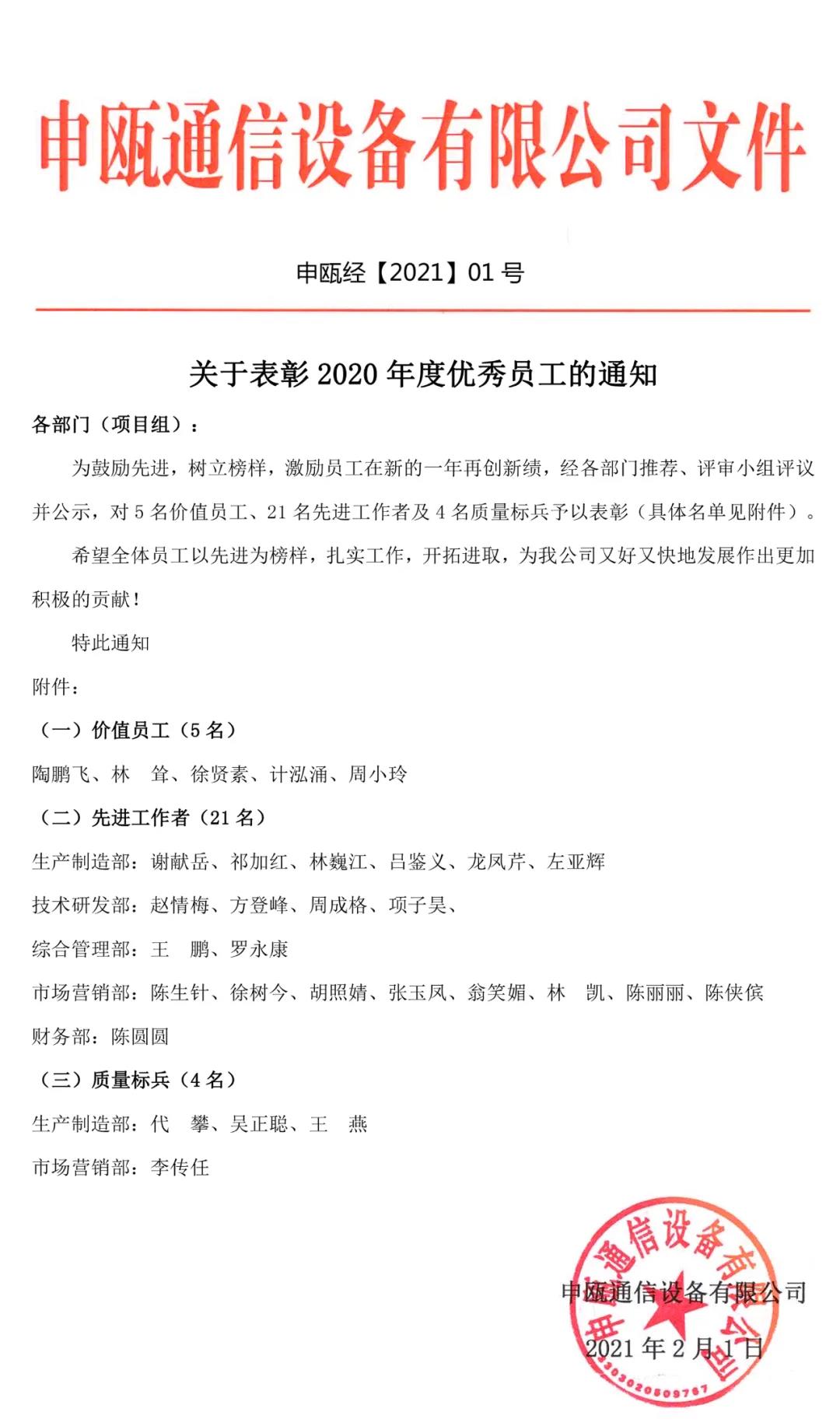 申甌通信2020年度申甌通信優(yōu)秀員工表彰大會(huì) 申甌通信2020年度申甌通信優(yōu)秀員工表彰大會(huì)